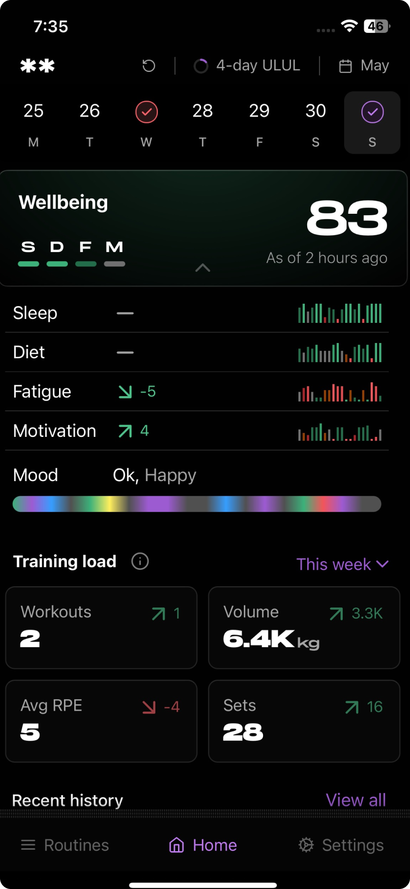 Insights dashboard showing wellbeing score, training load and weekly schedule