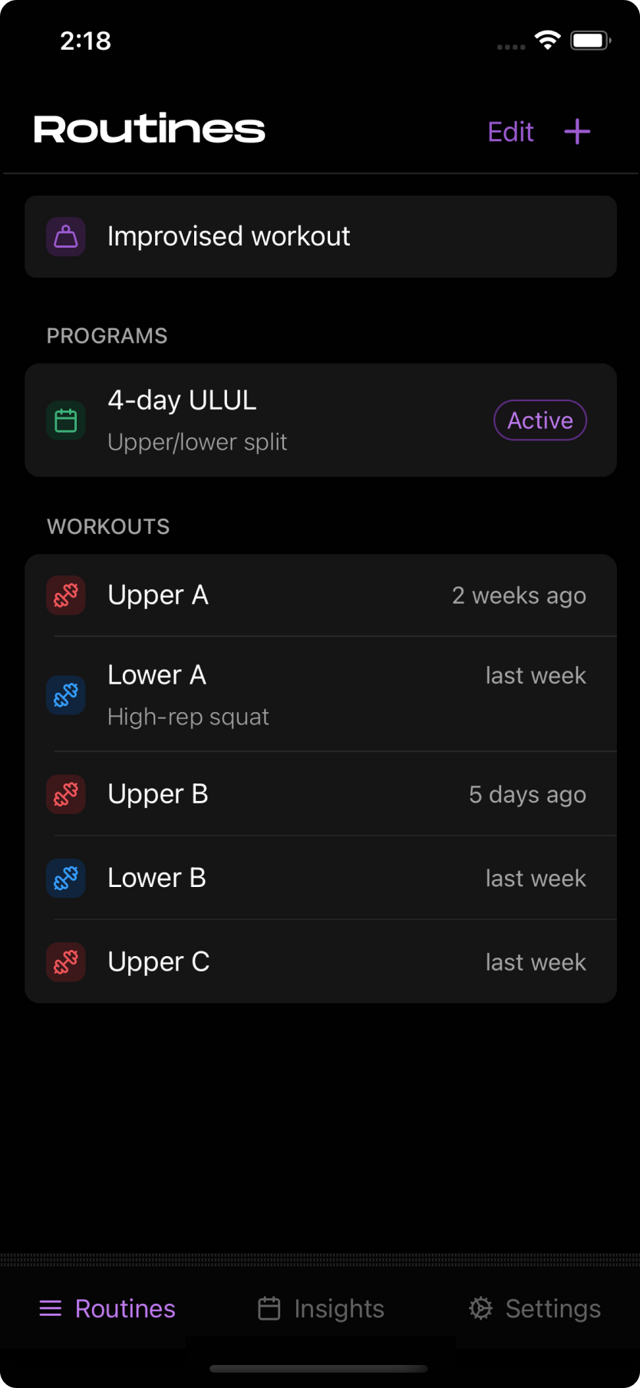 Routines screen showing programs and workouts