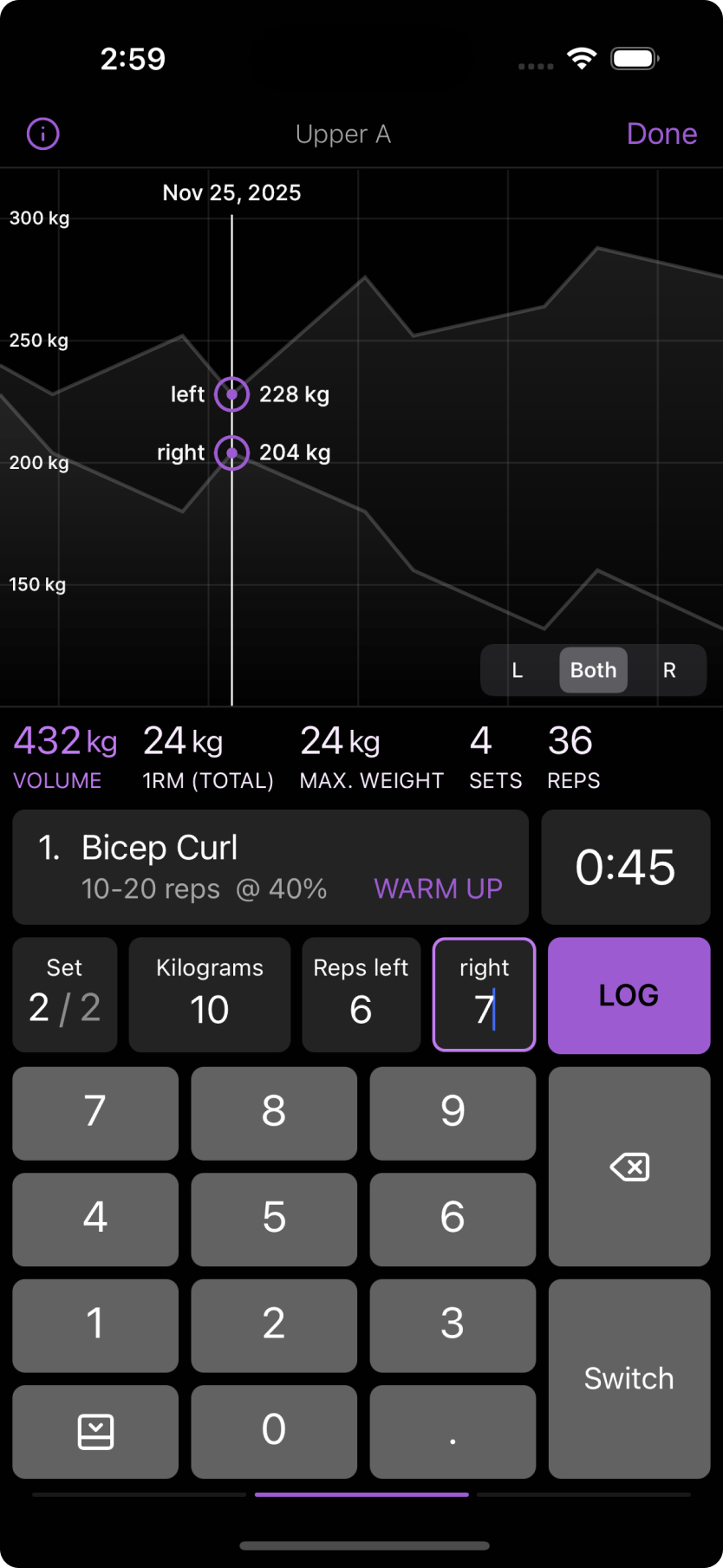 Active workout screen with exercise tracking and volume chart