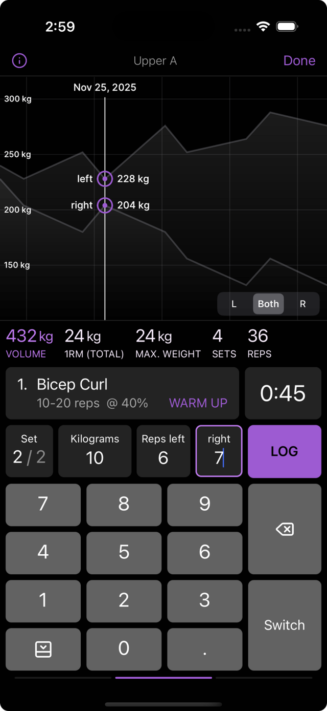 Active workout screen with exercise tracking and volume chart